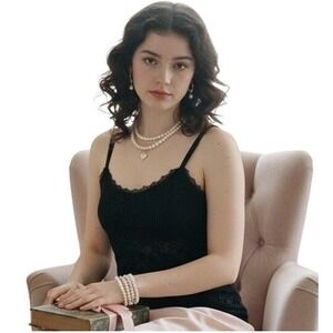 ELLE Black Lace Trim Womens Y2K Romantic Camisole Tank Top XS